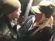 Nordic blonde lady camping with two men